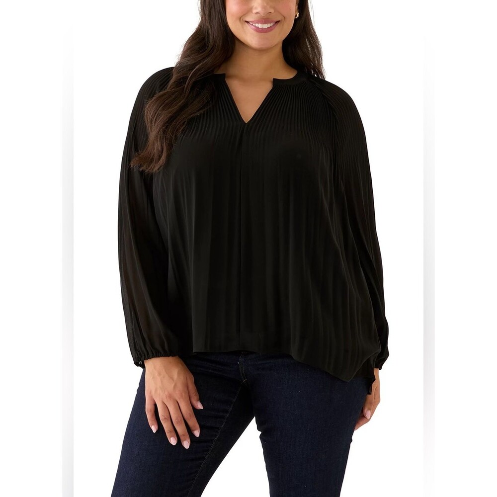 NWT T Tahari Pleated Long-Sleeve Tunic Blouse Women's Size 2X Black V-Neck